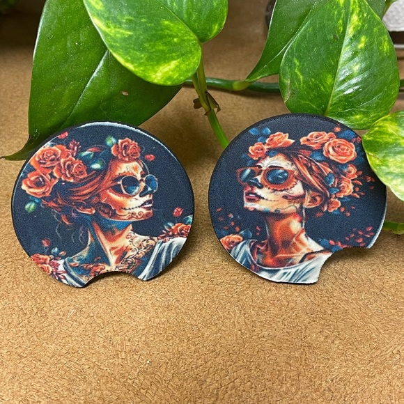 Gothic spooky girl car coasters New Set/2 - Picture 4 of 7